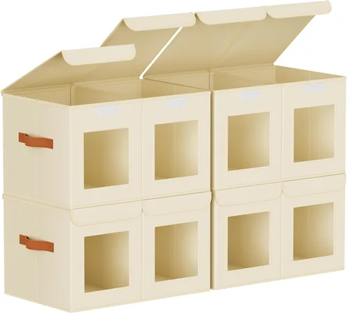 Vista 15 de Homsorout Contenedores grandes de almacenamiento para armario, organizador de ropa plegable dividido con tapas y doble ventana, contenedores Beige