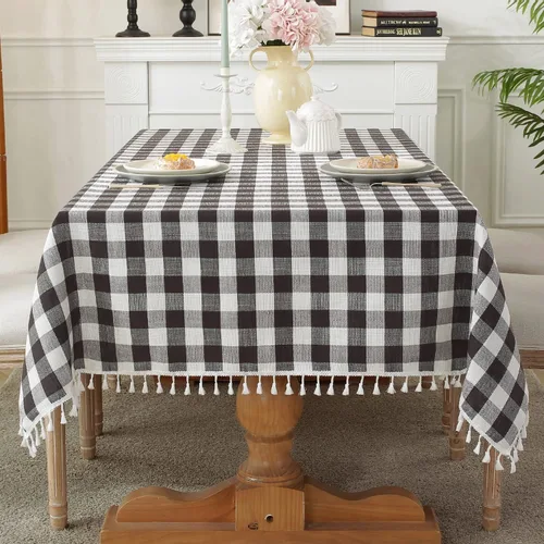 Vista 18 de Laolitou Mantel redondo a cuadros verde, de lino y algodón, con borla, a cuadros de búfalo, lavable, mantel de gingham para sala de estar