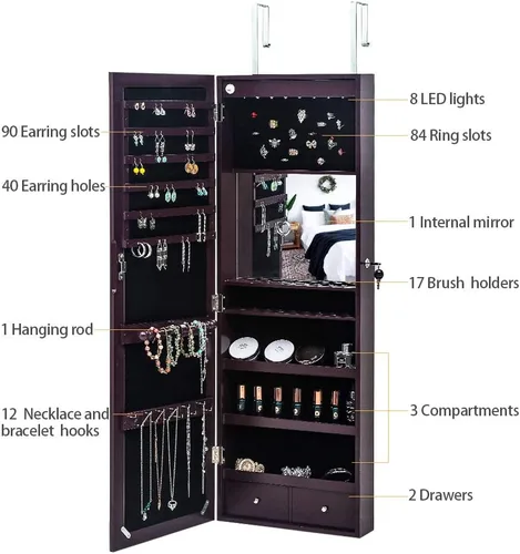 Vista 8 de Karl home Gabinete de joyería con 8 luces LED, organizador de almacenamiento de pared y puerta con cerradura de 42.5 pulgadas de alto con espejo