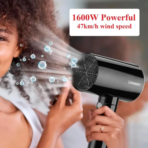 Vista 4 de Secador de pelo plegable pequeño de 1600 W, negro Secador compacto de secado rápido con concentrador y tiro frío