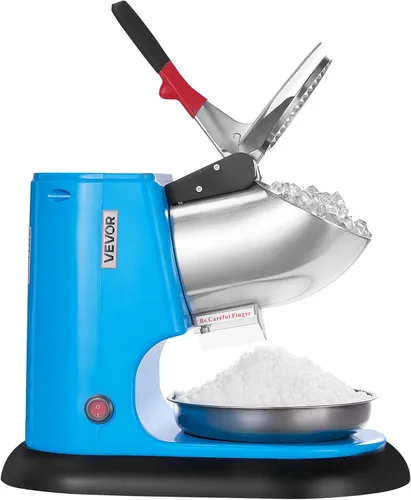 Vista 9 de VEVOR Máquina trituradora de hielo, 220 libras por hora, máquina eléctrica de cono de nieve de 4 cuchillas, máquina de hielo afeitado de acero Azul