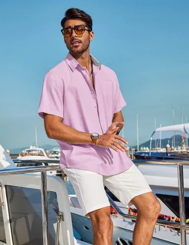 Vista 3 de COOFANDY Camisa de algodón de lino liso de manga corta para hombre, ajuste regular, camisa de playa casual con botones