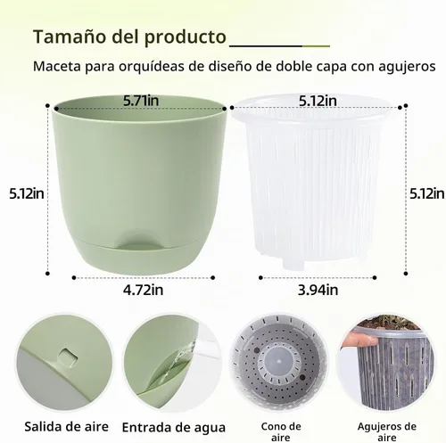Vista 2 de QCQHDU 2 Pack 5.7 Inch Orchid Pots with Holes for Repotting, Double-Layer and Self Watering Orchid Pot with Good Air Circulation Verde