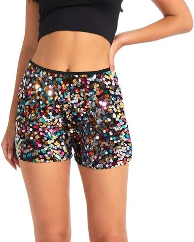 Vista 2 de BAICAIYU Pantalones cortos de lentejuelas para mujer, brillantes de cintura alta, color negro, ligeros, pierna recta, pantalones casuales