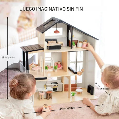 Vista 6 de Tiny Land Casa de muñecas, casa de muñecas familiar moderna con diseño realista, casa de muñecas de madera con muebles de 53 piezas, regalo ideal