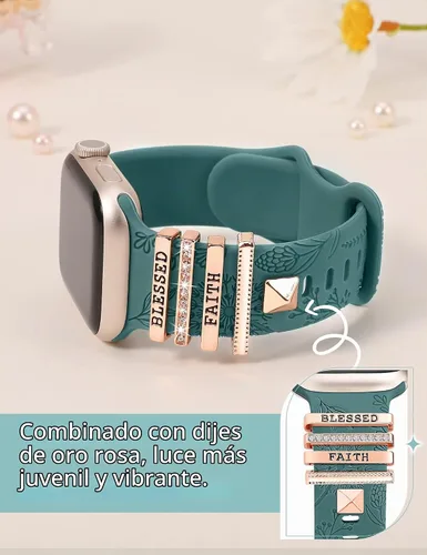 Vista 3 de Minyee Compatible con Apple Watch Banda con Encantos para Mujeres 41mm 40mm 38mm 42mm 44mm 45mm 49mm Anillos Decorativos en Forma de Flor