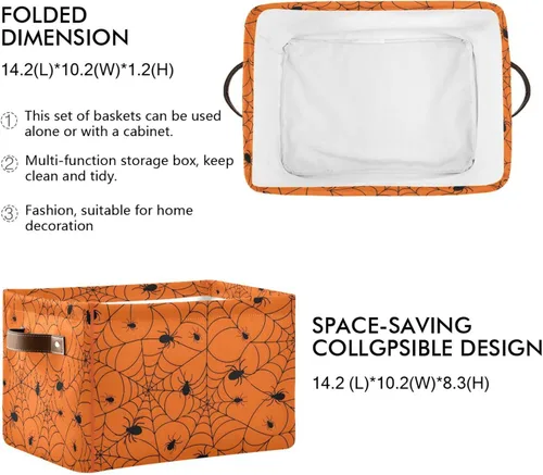 Vista 3 de ALAZA Caja de almacenamiento plegable de tela de araña de Halloween, color naranja, cesta organizadora con asas para estantes, armario, sala