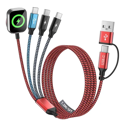 Vista 35 de Travel Essentials - Cable de carga múltiple 4 en 1 para cargador de reloj de iPhone, USB A a doble tipo C/IP/iWatch, cargadores de viaje