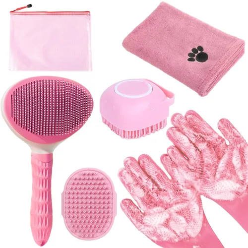 Vista 7 de Kit de Aseo para Baño con Cepillo de Pelo, Toalla y Guantes de Limpieza - Cepillo Slicker 6-en-1 para Perros y Gatos que Sueltan Pelo, Azul