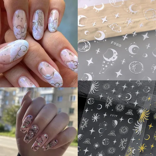 Vista 5 de 8 hojas de calcomanías metálicas para arte de uñas, luna plateada, estrella, sol, calcomanías de uñas de serpiente, calcomanías 3D autoadhesivas