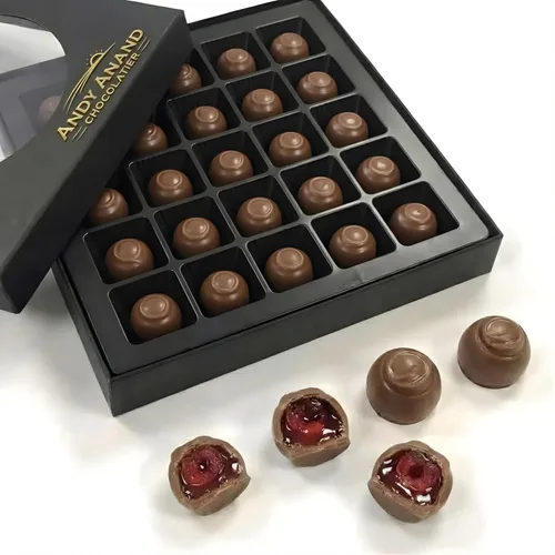 Vista 7 de ANDY ANAND CHOCOLATIER Cordiales belgas de cereza de chocolate oscuro, cerezas cubiertas de chocolate líquido hechas a mano, perfectas como caja