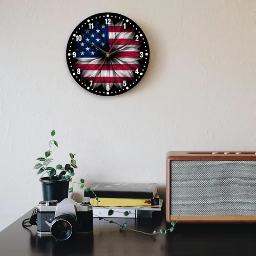 Vista 7 de SPUNKER Reloj de pared con bandera estadounidense, reloj de pared de cocina con bandera estadounidense, reloj de día de la independencia de 10