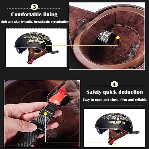 Vista 6 de Hanhua Medio casco de motocicleta para adultos, hombres y mujeres, casco de calavera de cara abierta vintage, aprobado por DOT/ECE, AVT Cruiser