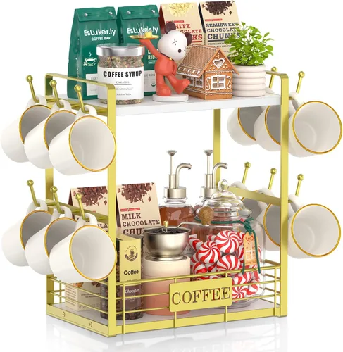 Vista 11 de EsLuker.ly Soporte para tazas de café, organizador de estación de barra de árbol, soporte para tazas de 2 niveles para encimera de cocina, estante