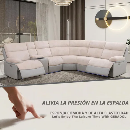 Vista 5 de Sofá seccional reclinable eléctrico, sofá de felpa beige y gris, sofá seccional con consola de almacenamiento, sofá reclinable para sala de estar