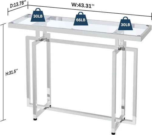 Vista 2 de ASYA Mesa consola de cristal para entrada, mesa de entrada moderna con vidrio templado y marco cromado, mesa de sofá plateada para sala de estar
