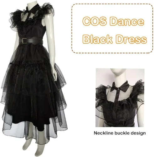 Vista 5 de MANYUN Vestido del miércoles de Merlina Addams, vestido de disfraz para niños y niñas, disfraz de Halloween para fiesta de cosplay
