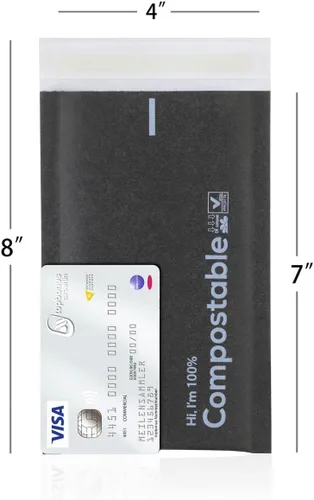 Vista 2 de Sobres de burbujas 100 % biodegradables de 4 x 8, 25 sobres de papel kraft negro #000 compostables, bolsas autoadhesivas ecológicas