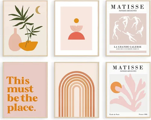 Vista 10 de KBKBART Matisse - Impresiones artísticas para pared, póster abstracto de arte de pared de Matisse, negro y beige, línea de cuerpo para mujer, hojas