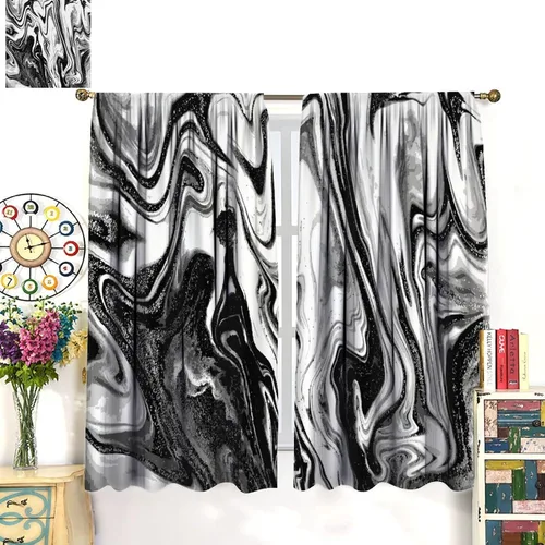 Vista 4 de Cortinas opacas con estampado abstracto de mármol en blanco y negro, para dormitorio, cafetería, comedor, oficina, sala de estar, cocina, 42 x 45