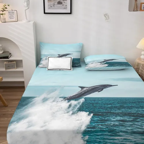 Vista 3 de Dolphin Sheets - Juego de sábanas de tamaño individual, sábanas de microfibra suave con bolsillo profundo, sábanas y fundas de almohada estampadas