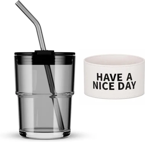 Vista 15 de BLUEPOLAR Vaso de Agua de Vidrio de 13oz/400ml con Pajita y Tapa Sellada para Llevar Pared Gruesa Taza de Café Helado Vaso de Vidrio para Agua, Té