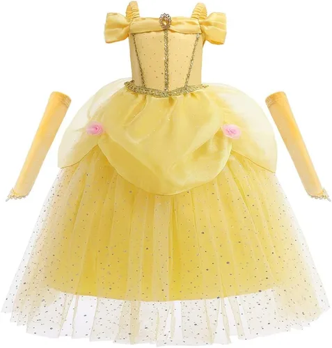 Vista 6 de REXREII Bella - Disfraz de princesa La Bella y la Bestia para niñas, Halloween, Navidad, cosplay, fiesta, cumpleaños, noche