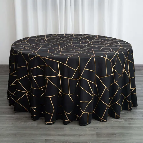 Vista 41 de Efavormart - Mantel redondo de poliéster de 120 pulgadas con patrón geométrico dorado Morado