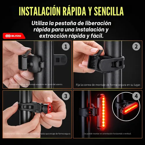 Vista 6 de BLITZU Paquete de 2 luces traseras de bicicleta recargables USB-C, accesorios brillantes para bicicleta trasera de ciclismo, accesorios