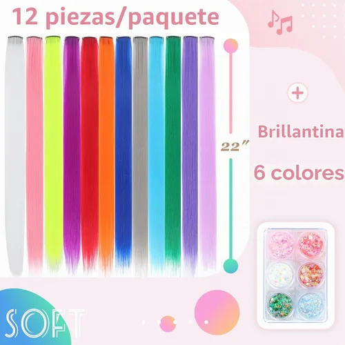 Vista 3 de Extensiones de cabello de colores, extensión de cabello liso con clip de 22 pulgadas, extensiones de cabello con brillantina multicolor arcoíris