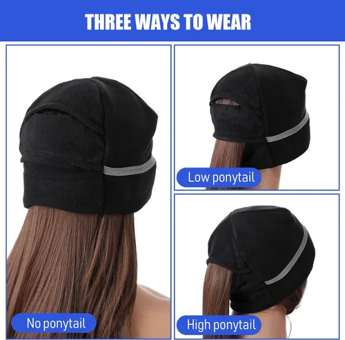 Vista 4 de Gorro reflectante de 3 piezas con forro polar para correr, cola de caballo para mujer, gorro de seguridad con cubiertas para las orejas para clima
