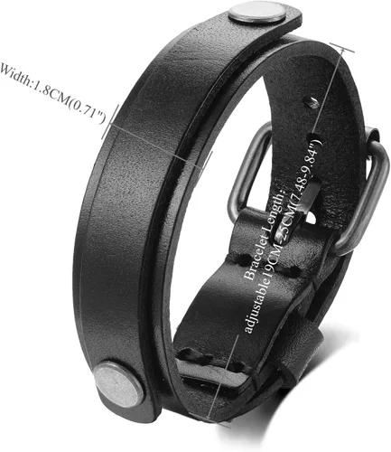 Vista 2 de Pulsera de cuero negro de 0.7 in de ancho con remaches, para hombre, ajustable, cierre de hebilla, masculino