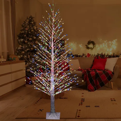Vista 6 de Árbol de abedul iluminado de 7 pies, 1000 luces LED multicolor con luces parpadeantes, modos parpadeantes o constantes, alambre de alta densidad