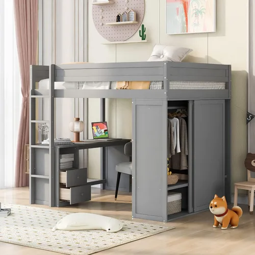 Vista 10 de Cama loft de madera tamaño matrimonial con escritorio en forma de U y espejo de tres pliegues, base de cama tipo loft multifunción con Espresso-10.16