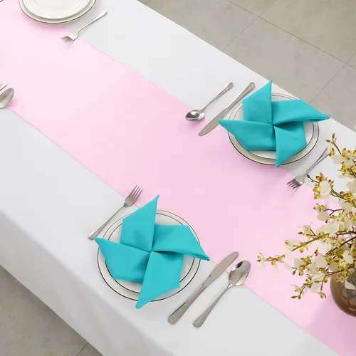 Vista 4 de Horbaunal Paquete de 12 caminos de mesa de satén rosa claro de 12 x 108 pulgadas, caminos de mesa lisos para banquetes de boda, fiesta de cumpleaños
