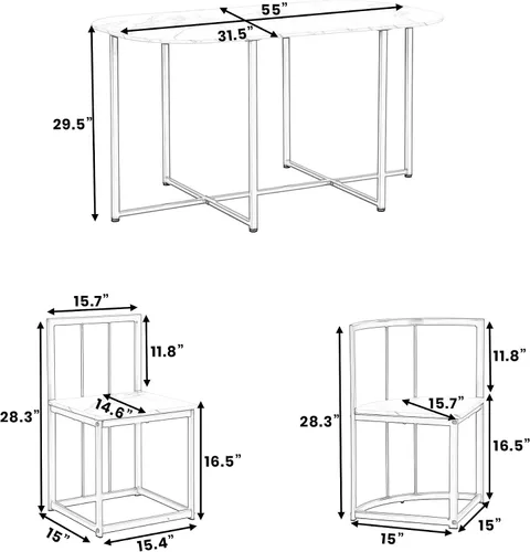 Vista 3 de Quarte Moderno juego de mesa de comedor de 7 piezas con mármol sintético, juego de mesa de cocina de metal compacto, diseño de silla triangular