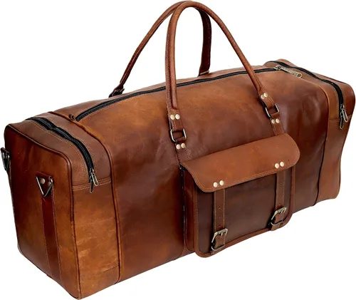 Vista 3 de Bolsa grande de cuero para viaje, 32 pulgadas, de lona, artesanal, para viaje de fin de semana, de noche, gimnasio, deportiva, para hombre y mujer