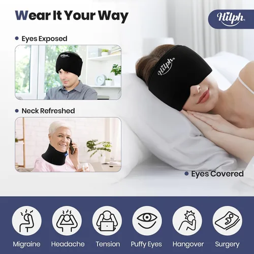 Vista 3 de Hilph Gorra ajustable para aliviar la migraña con compresa fría de gel grueso, gorra para aliviar el dolor de cabeza, máscara de enfriamiento facial