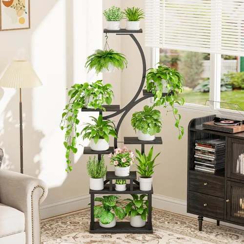 Vista 4 de Soporte para plantas con luces de cultivo para plantas de interior, estante esquinero alto de 8 niveles con luz de espectro completo, en forma de S