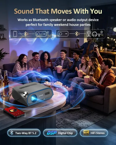 Vista 5 de Proyector de Alta Luminosidad 1800 ANSI Lumens, HDR10+, Soporte 4K, WiFi6 y Bluetooth, Smart Android TV con Aplicaciones, HDMI/USB
