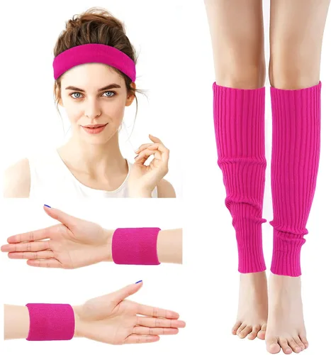 Vista 2 de Calentadores de piernas para mujer, muñequeras con diadema de los años 80, juego de calentadores de piernas de neón para deporte, yoga, ropa