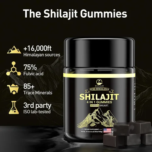 Vista 6 de Shilajit - Gomitas con Ashwagandha para hombres y mujeres, más de 85 oligominerales, 75% de ácido fúlvico, energía, resistencia y apoyo