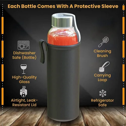 Vista 8 de Botella de agua de vidrio estrella del chef 6 botellas de 18 onzas de paquete para la bebida y Juicer Utilice tapas de acero inoxidable con bucle
