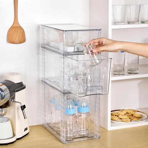 Vista 6 de Vtopmart Paquete de 3 cajones de almacenamiento apilables transparentes, organizadores de baño fáciles de montar y almacenamiento con asas, cajones