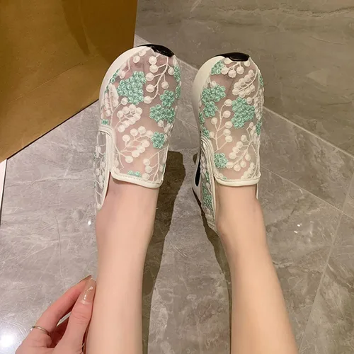 Vista 5 de Hbeylia Zapatos deportivos de plataforma de moda para mujer, bordado, malla floral, encaje de aire, suela gruesa, tacones altos ocultos, mocasines