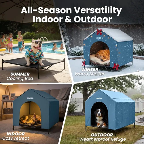 Vista 7 de Casa para perros 2 en 1 de 42" pulgadas para perros medianos, casa elevada para perros al aire libre e interior, refugio de cachorros en exteriores