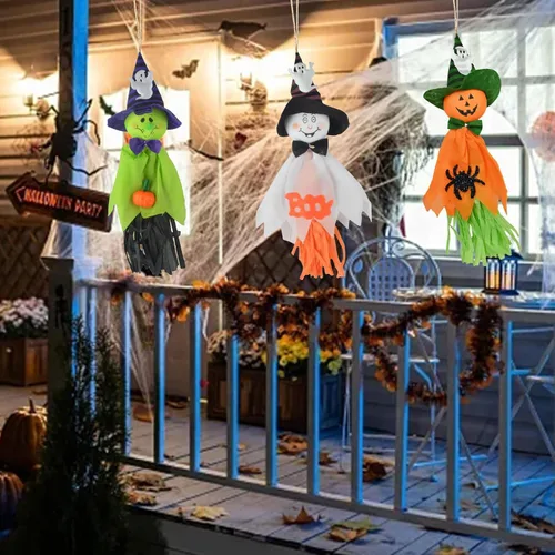 Vista 5 de Decoraciones colgantes de fantasma de Halloween, 3 piezas de lindo colgante de paja de fantasma volador, adornos colgantes de Halloween para patio