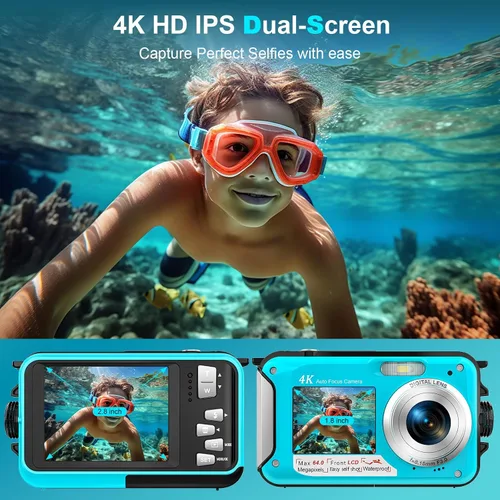 Vista 3 de Cámara subacuática 4K de 64 megapíxeles de enfoque automático de 16 pies, cámara impermeable de doble pantalla, selfie 16X, cámara subacuática