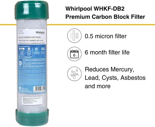 Vista 2 de Whirlpool Filtro de bloque de carbono Undersink WHKF-DB2, clasificación de 0.5 micrones que reduce mercurio, plomo, quistes, asbesto, vida útil de 6