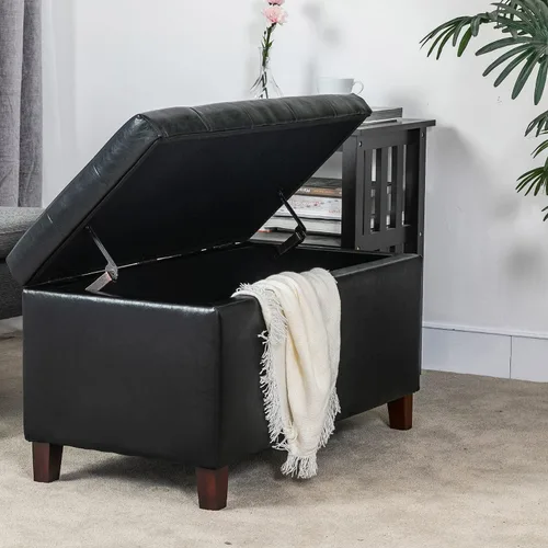Vista 4 de Adeco Otomana de almacenamiento, banco tapizado rectangular de piel sintética con patas de madera, reposapiés, mesa de café para sala de estar Negro